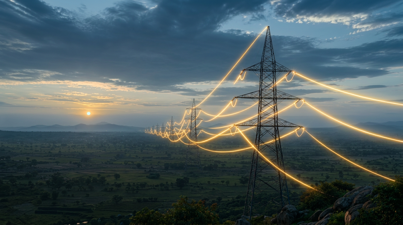 India's high-voltage power transmission network at dusk